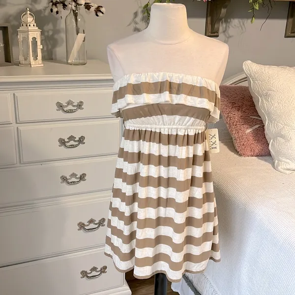 Forever 21 Strapless Oatmeal Taupe Striped Mini Dress Knit Beach Coverup Womens Small - Image 4