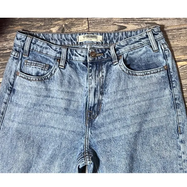 Rock & Roll‎ Denim High Rise Flare Distressed Light Wash Jeans 29x34 Split Hem - Image 3
