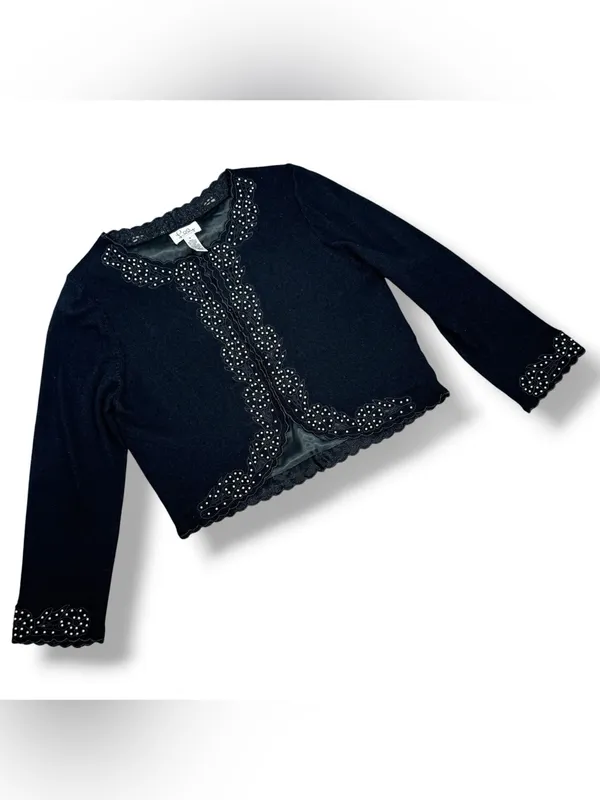 Vintage Lilly Pulitzer Embroidered Pearl Bead Crop Cardigan Sweater Black Medium - Image 10