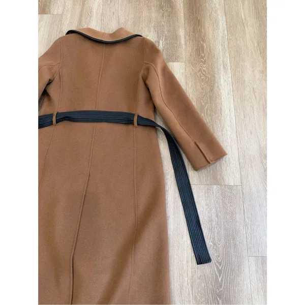 Tahari Wool Blend Faux Leather Trim Belted Coat Caramel Size Medium - Image 16