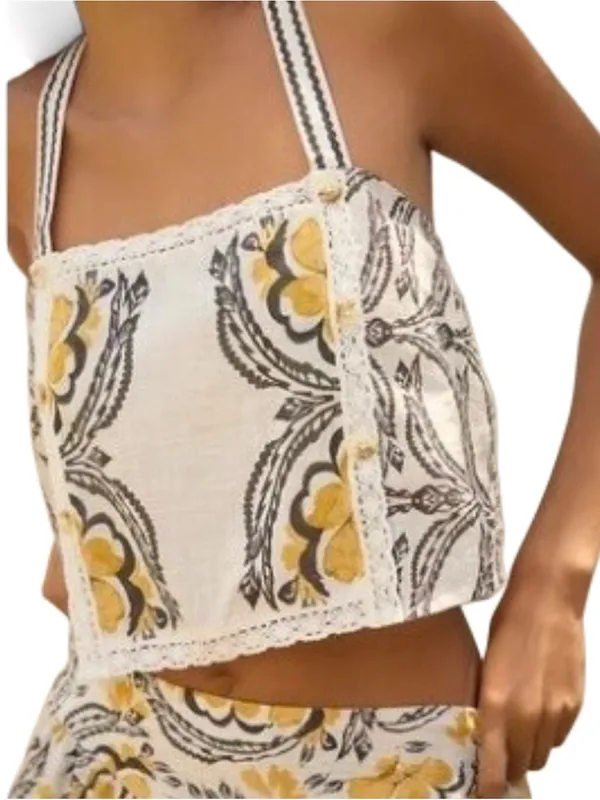 Anthropologie Oversized Cotton Boho Crop Top Botanical Floral Lace Trim Large - Image 3