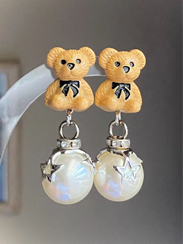 Handmade Kawaii teddy bear y2k fairy 2WAY studs & dangle earrings🧸🌟 - Image 2