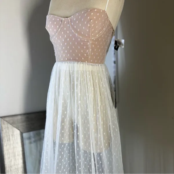 White Fox Boutique Strapless maxi sheer Dress in Pink and White - Image 5