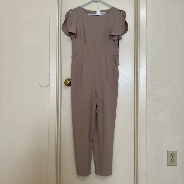 Calvin Klein Beige Shirt Sleeve Ankle Length Jumpsuit NWT Size 6 - Image 2