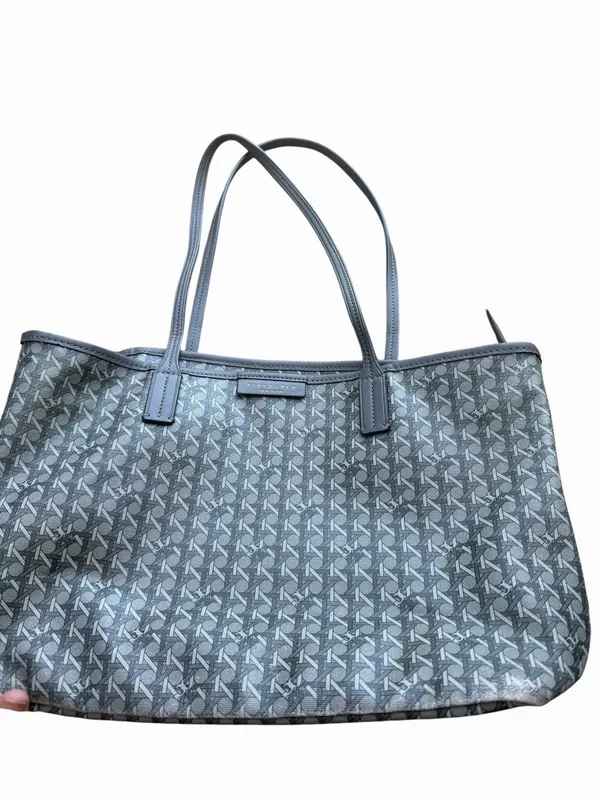 Tory Burch Gray & Black Textured Monogram Small Tote Bag Zip Top Logo Canvas - Image 7