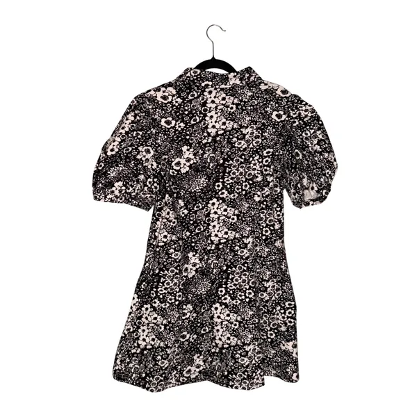 Hyacinth House Dress Chrysanthemum Front Zip Mini Puff Sleeve Black White Floral - Image 9