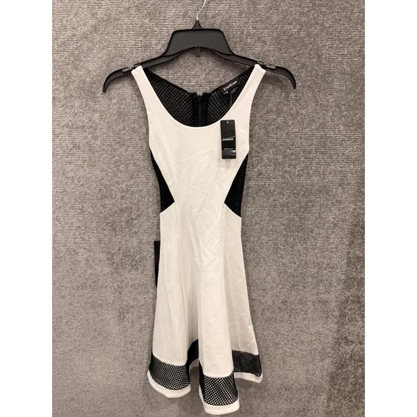 Bebe Women Dress XXS White Black Mesh Panel Fit Flare Skater 70JSA101-N060 - Image 3