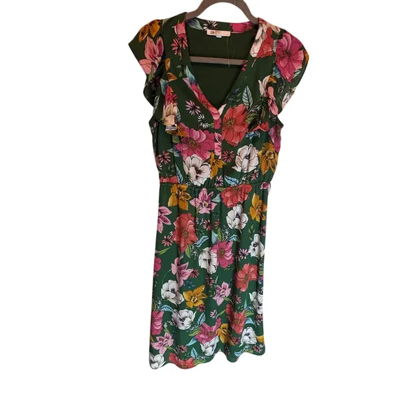 DR2 Daniel Rainn Green Floral Midi Dress Small Ruffle Cap Sleeve V-Neck - Image 2