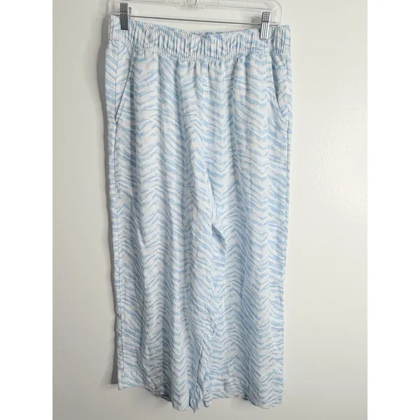 Tahari White Blue Linen Cropped Pant Pull On Wide Leg Flowy Breathable Medium - Image 2