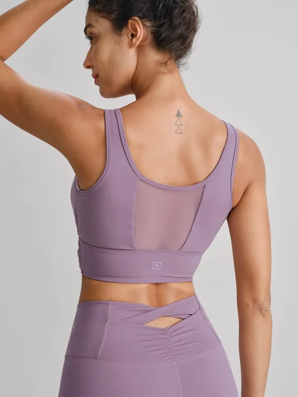 Berlook Activewear Purple Grey Mesh Cross-Front Tank Top - Light Support - Image 2