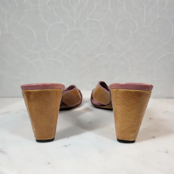 Cole Haan Womens Leather Slip On Heels 7B Tan Mauve Cross Straps Open Toe - Image 3