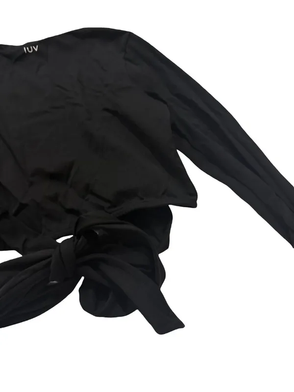 MW Luv (Made With Luv) Black Long Sleeve Wrap Crop Tie Waist V Medium Women's - Image 5