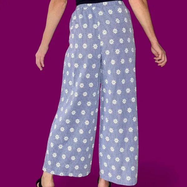 Shein Casual Blue Daisy Floral Gingham Wide Leg Casual Pants - Image 7