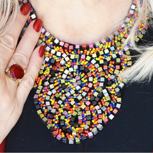 Colorful Metallic Beaded Tribal Ethnic Bib Scallop Edge Statement Necklace - Image 3