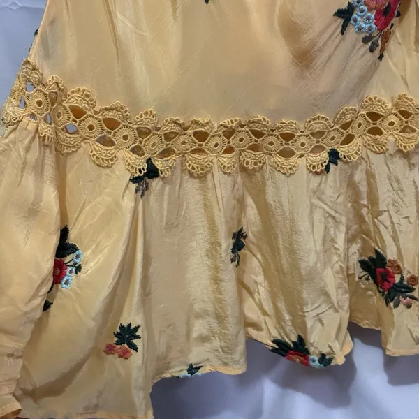 Free People Bali Santa Cruz Ruffle Maxi Dress S Yellow Floral Puff Sleeve Boho - Image 12