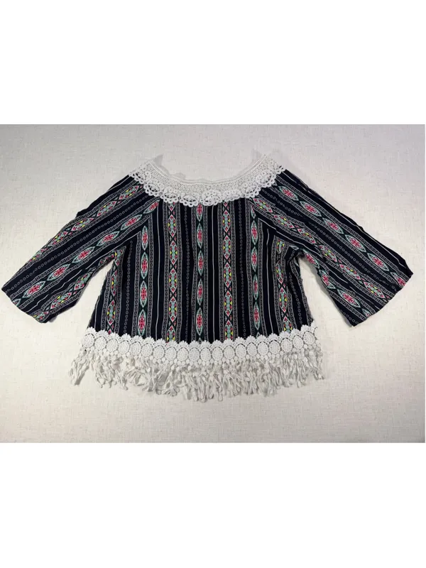 Julia Boho Geometric Striped Crochet Lace Fringe Bell Sleeve Top Black Large - Image 6