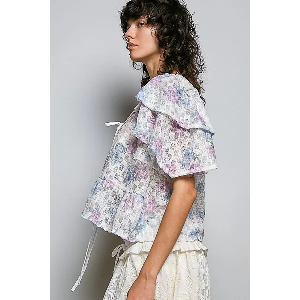 POL Lace Detail Floral Tie Front Ruffle Short Sleeve Blouse -‎ Off White - Large - Image 2