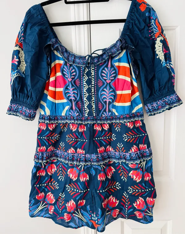 Farm Rio Puff-Sleeve Ruffled Floral Cotton Romper, Size S/M - Image 5
