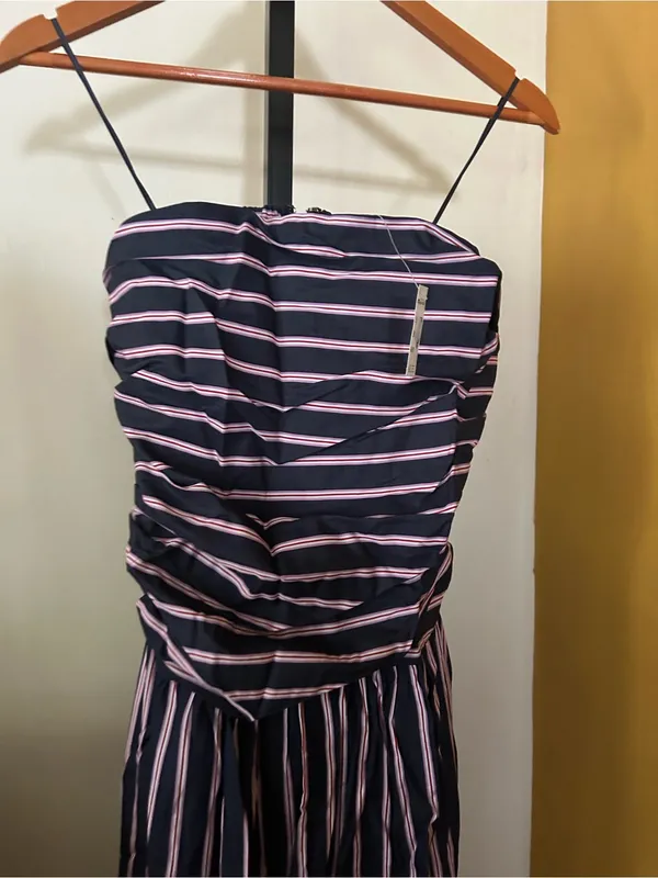 Madewell Strapless Ruched Midi Dress Poplin Striped‎ 100% Cotton Indigo Size 10 - Image 5