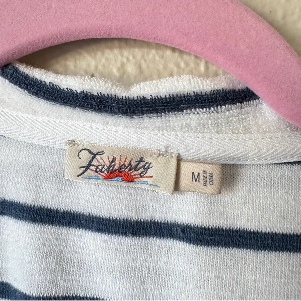 Faherty Blue White Striped Terry Knit Short Sleeve Top Womens M Polo Casual - Image 7