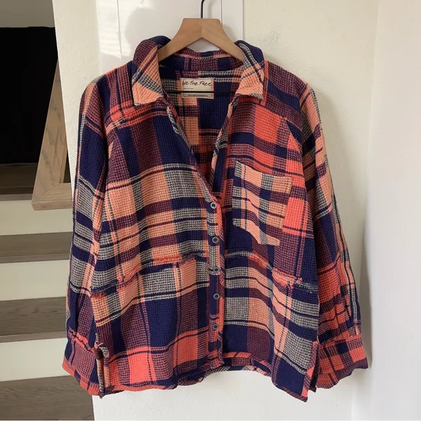 Free People We The Free Cozy In Plaid Button Down Shirt Navy Sabrina Plaid - NWT - Image 4