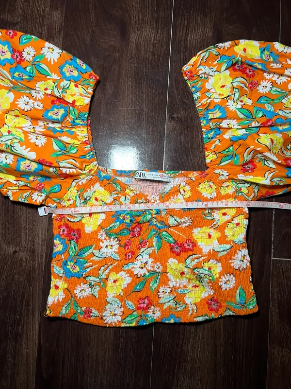 Zara Orange Floral Crop Top Crop Puff Sleeve Size Small - Image 8
