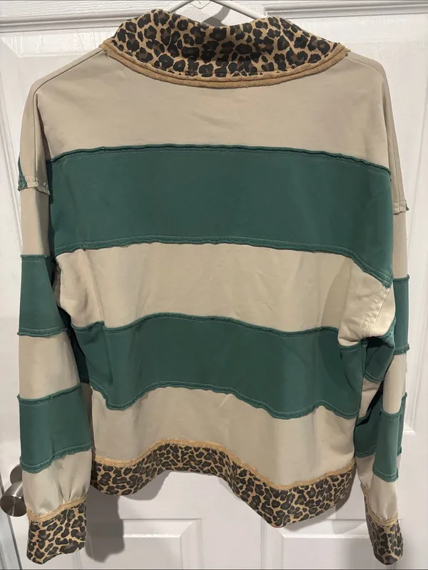 Gilded Intent Striped Green & Cream Rugby Top with Leopard Trim - Image 3