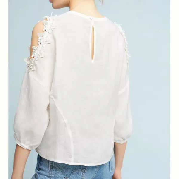 Anthropologie Eri + Ali Floral Applique cold shoulder blouse loose fit SP petite cream linen - Image 14