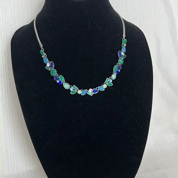 Jewelry Set- Silver Tone with Blue and Green Crystals Necklace and Earring - Image 2