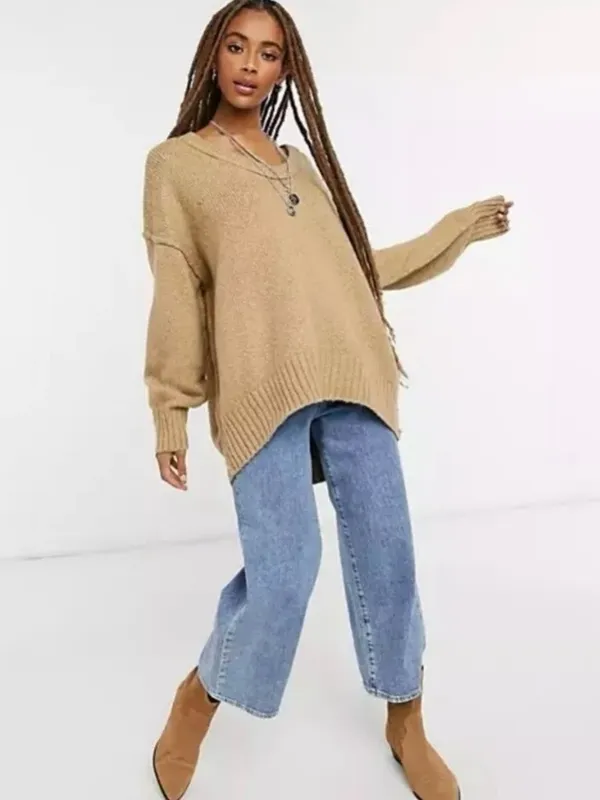 Free People‎ sweater Brookeside tunic Oversized V-Neck Chunky Knit Boho Slouch - Image 10