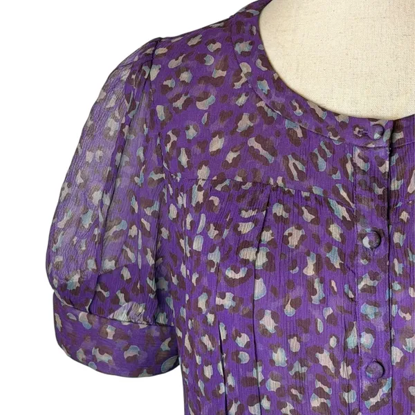 Bryan Bradley Shirt Women Small Purple‎ Leopard Print Silk Button Front Blouse - Image 5