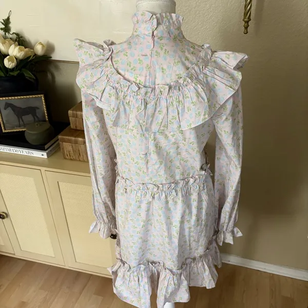 GANNI Ruffled floral-print‎ cotton mini dress Pastel Blue Pink Size 34 - Image 7