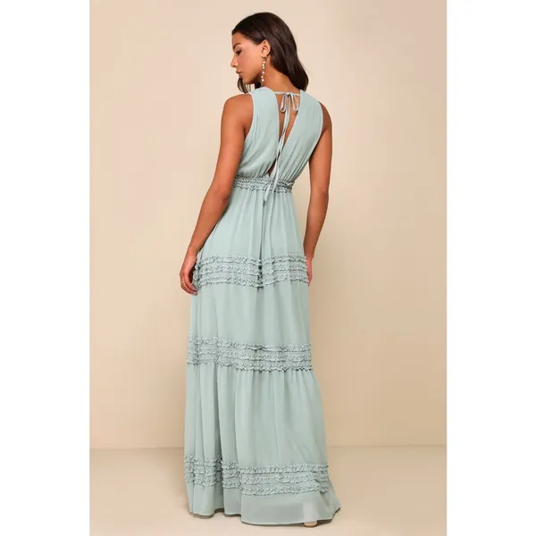 NWT Lulus Adoring Effect Sage Brush Chiffon Tiered Ruffled Maxi Dress Wedding XS - Image 3