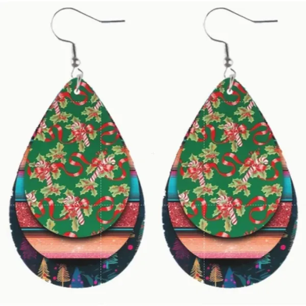 Set of 2 Christmas Teardrop Reversible PU Leather Hook Earrings C3, New! - Image 2