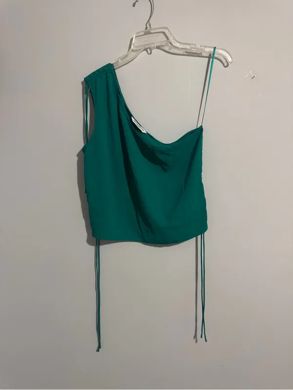 Amanda Uprichard ANIA Teal One-Shoulder Ruched Tie Top - Large - Image 5