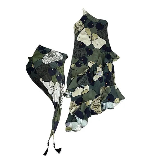 Farm Rio Anthro Women’s Green Military Cashew One Shoulder Midi Scarf Dress XS - Image 2