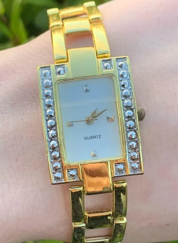 Haband Gold Color Quartz Watch Rectangle Face w/ Chain Link Band // - Image 3