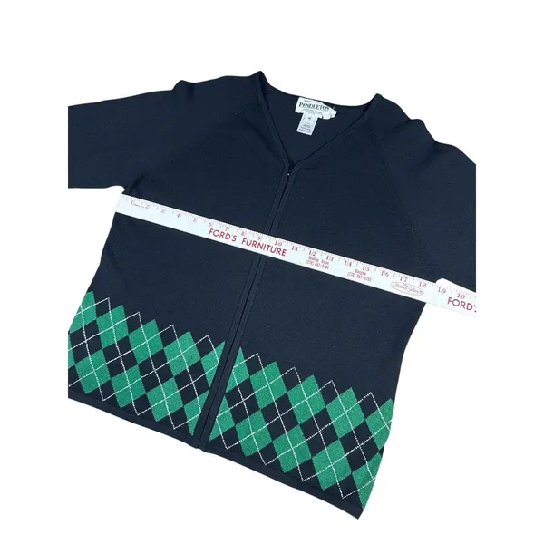 Vintage Pendleton Black Cardigan Sweater Full Zip Green Argyle Silk Blend MP - Image 4