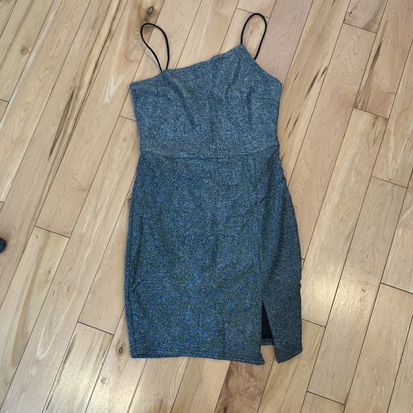 Lulus asymmetrical thin strap lightly lined black glitter dress - Image 4