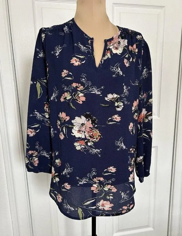 Fun2Fun Navy Blue Floral Boho Kenmore Split Neck Stretch Blouse Size S - Image 2