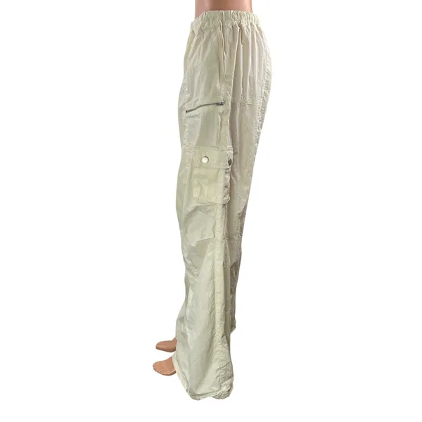 Tiger Mist Cream High Rise Baggy Wide Leg Parachute Cargo Trouser Pants Size L - Image 2