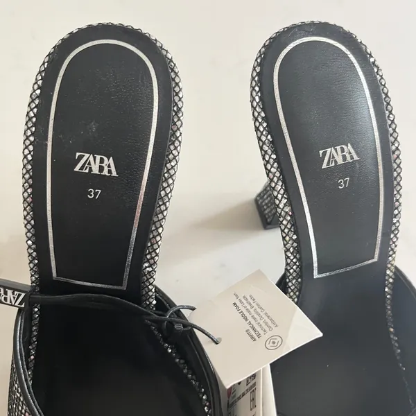 Zara Silver Sparkly Peep Toe Heeled Mules Glitter Shoes EU 37 NWT - Image 8