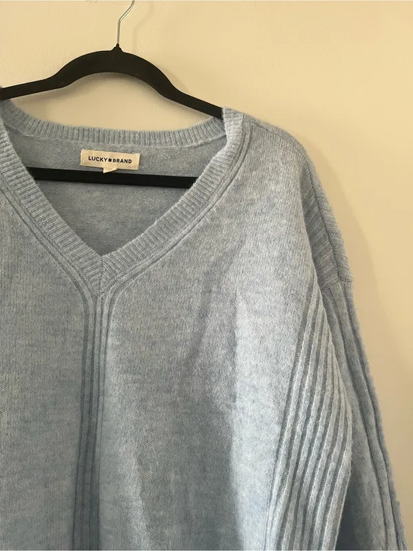 Lucky Brand Light Blue V Neck Ribbed Knit Sweater Large Capsule Wardrobe Coastal - Image 3