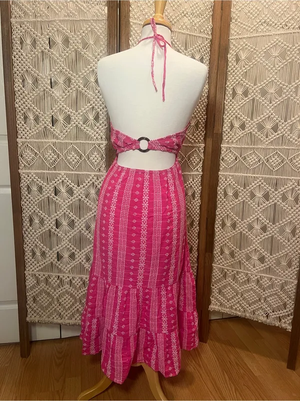 Zara Hot Pink Halter-Style Maxi Dress with White Print - Image 3