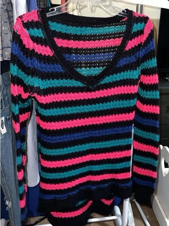 Rue21 Black V-Neck Sweater with Pink, Teal & Navy Stripes - Image 2