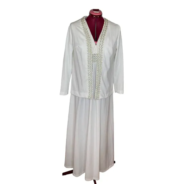 wedding dress jacket white silver V neck Vintage 1970’s sz s - Image 2
