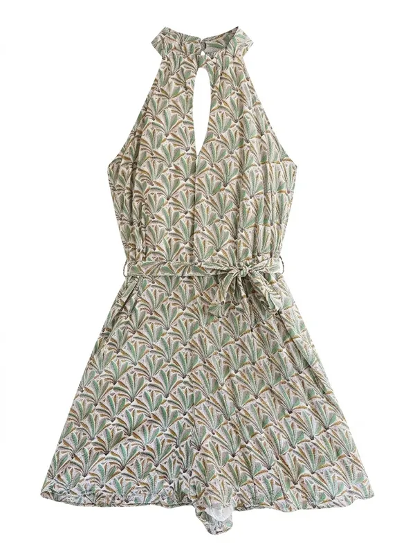 Anthropologie Maddie Foliage Halter Romper Green White S EUC - Image 3