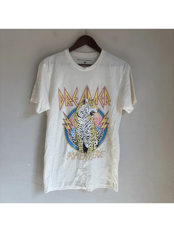 Black Sparrow Womens Small Cream Dreamer Somewhere Leopard Graphic Band T-Shirt - Image 2