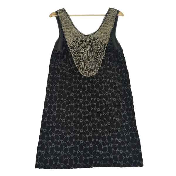 Free People Velvet Mini Dress Black‎ Floral Beaded Sleeves Size 6 Eyelet Flapper - Image 2