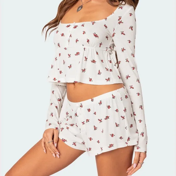 Edikted Floral Babydoll Long Sleeve Top Coquette Ribbed Bow Detail Size Medium - Image 3